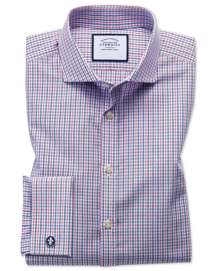 Charles Tyrwhitt Extra Slim Fit Non-iron Poplin Blue And Red Cotton Dress Shirt Single Cuff Size 14.5/32 By Charles Tyrwhitt