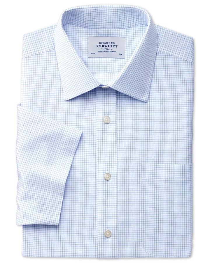 Charles Tyrwhitt Charles Tyrwhitt Slim Fit Non-iron Grid Check Short Sleeve Sky Blue Cotton Dress Shirt Size 15/short