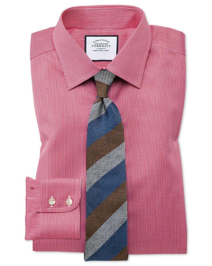  Classic Fit Non-iron Puppytooth Bright Pink Cotton Dress Shirt French Cuff Size 15.5/33 By Charles Tyrwhitt