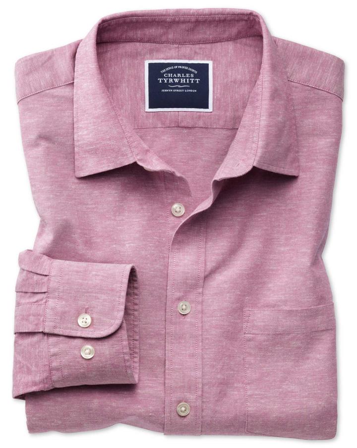 Charles Tyrwhitt Classic Fit Cotton Linen Pink Plain Casual Shirt Single Cuff Size Medium By Charles Tyrwhitt