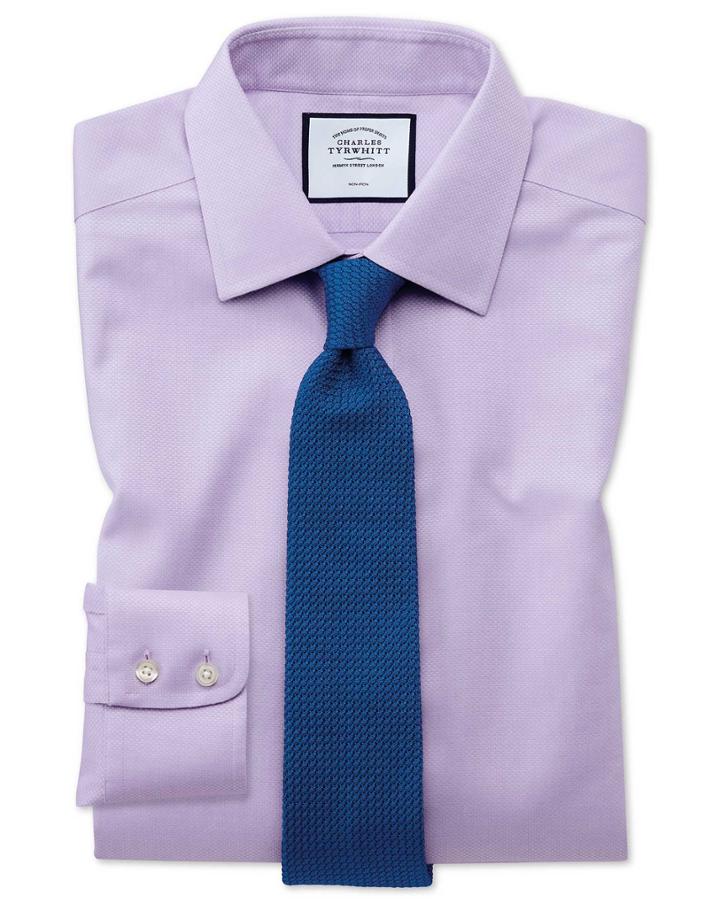  Classic Fit Non-iron Lilac Triangle Weave Cotton Dress Shirt Single Cuff Size 15/33 By Charles Tyrwhitt
