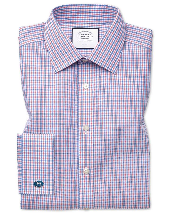  Classic Fit Non-iron Blue And Red Check Cotton Dress Shirt French Cuff Size 15.5/32 By Charles Tyrwhitt