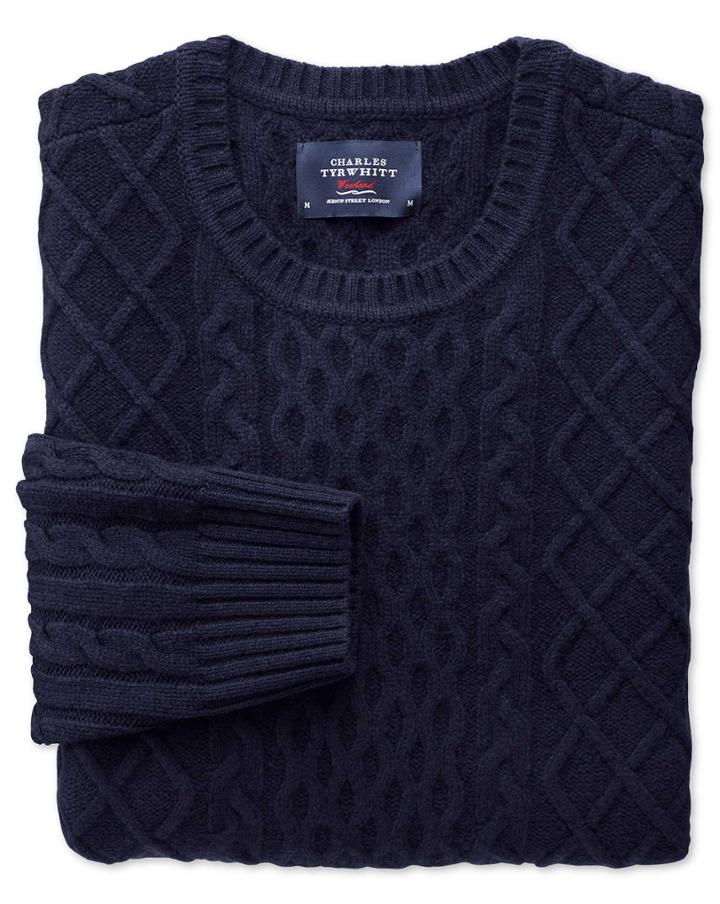 Charles Tyrwhitt Navy Lambswool Cable Crew Neck Sweater Size Medium By Charles Tyrwhitt