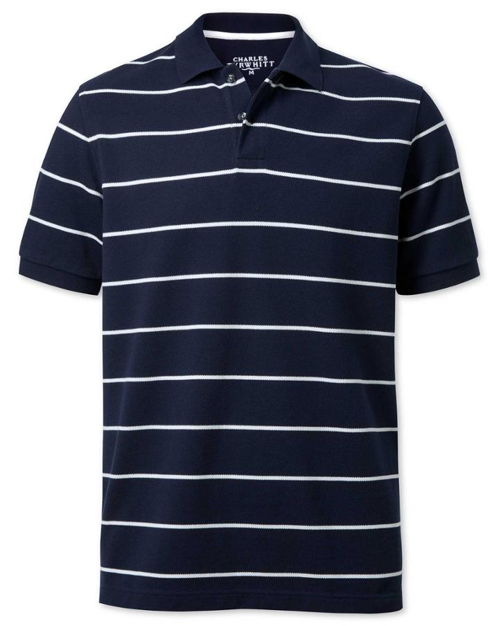  Navy And White Stripe Pique Cotton Polo Size Large By Charles Tyrwhitt