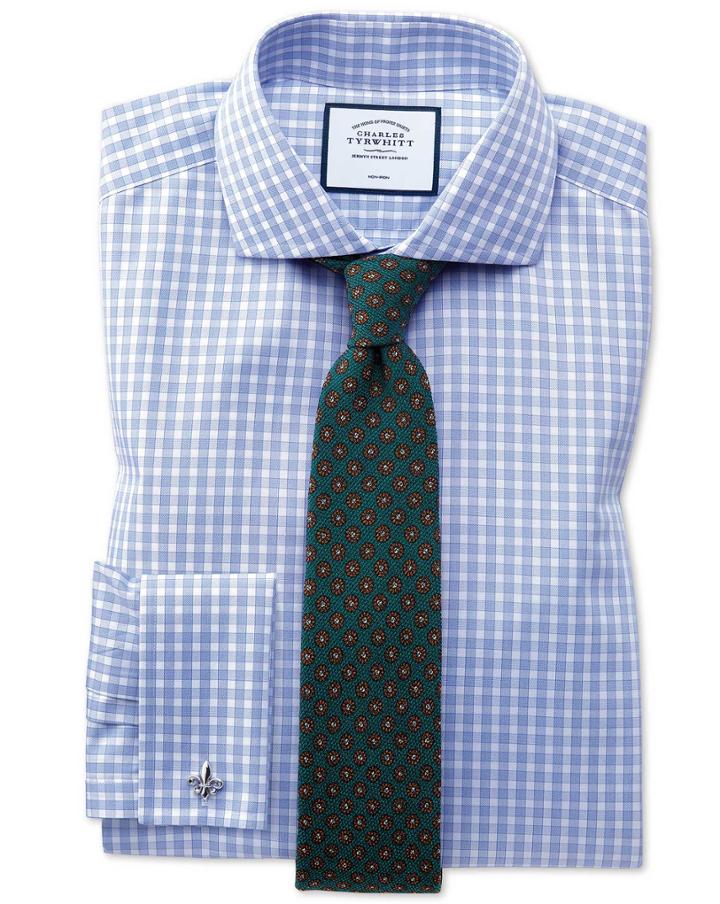  Slim Fit Non-iron Twill Gingham Sky Blue Cotton Dress Shirt Single Cuff Size 14.5/32 By Charles Tyrwhitt