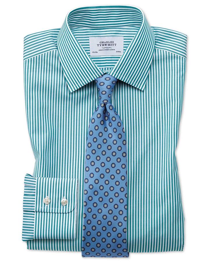 Charles Tyrwhitt Classic Fit Bengal Stripe Green Cotton Dress Casual Shirt French Cuff Size 15.5/33 By Charles Tyrwhitt