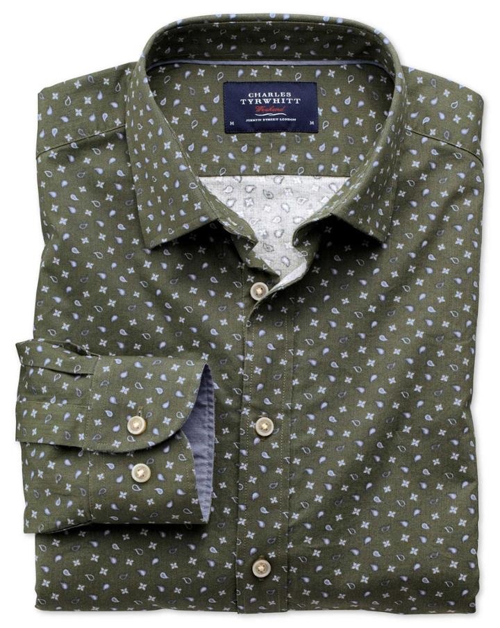 Charles Tyrwhitt Charles Tyrwhitt Extra Slim Fit Olive Paisley Print Cotton Dress Shirt Size Medium