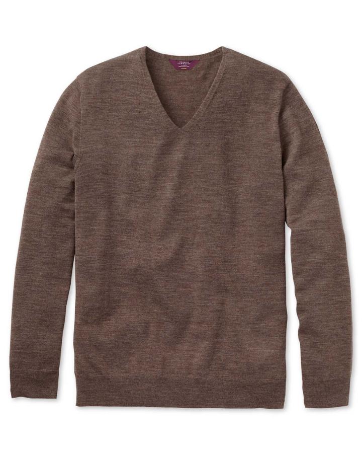  Brown Extrafine Merino Seamless V-neck 100percent Merino Wool Sweater Size Large By Charles Tyrwhitt