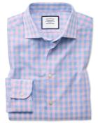  Extra Slim Fit Business Casual Egyptian Cotton Slub Sky Blue Check And Pink Dress Shirt Single Cuff Size 14.5/33 By Charles Tyrwhitt