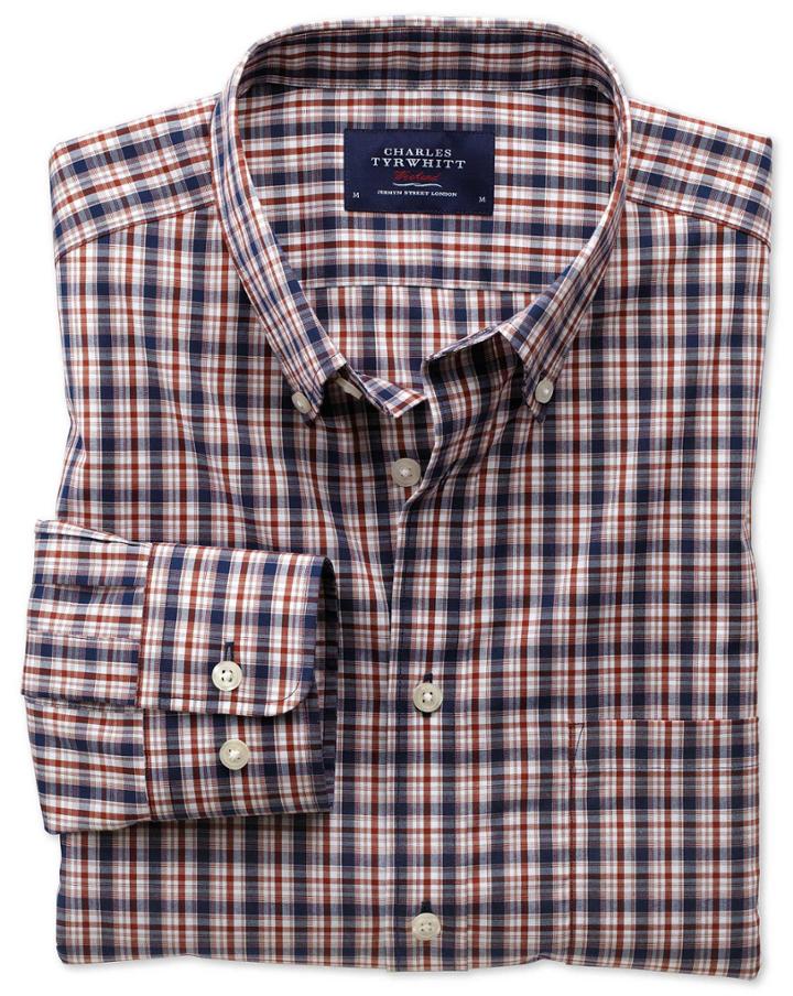 Charles Tyrwhitt Charles Tyrwhitt Extra Slim Fit Non-iron Poplin Blue And Orange Check Cotton Dress Shirt Size Large