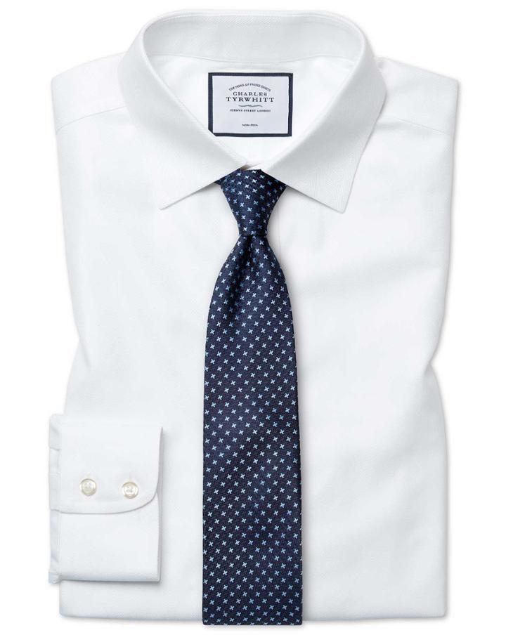  Classic Fit Non-iron White Herringbone Cotton Dress Shirt Single Cuff Size 15/33 By Charles Tyrwhitt