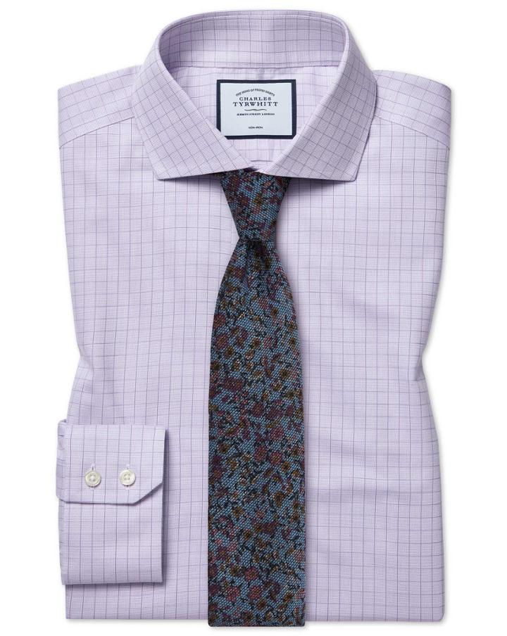  Extra Slim Fit Cutaway Collar Non-iron Soft Twill Lilac Check Cotton Dress Shirt Single Cuff Size 14.5/32 By Charles Tyrwhitt
