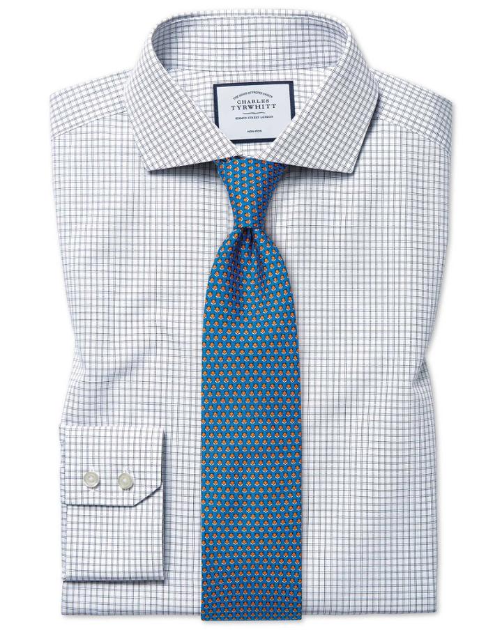 Slim Fit Non-iron 4-way Stretch Navy Check Cotton Dress Shirt Single Cuff Size 14.5/33 By Charles Tyrwhitt