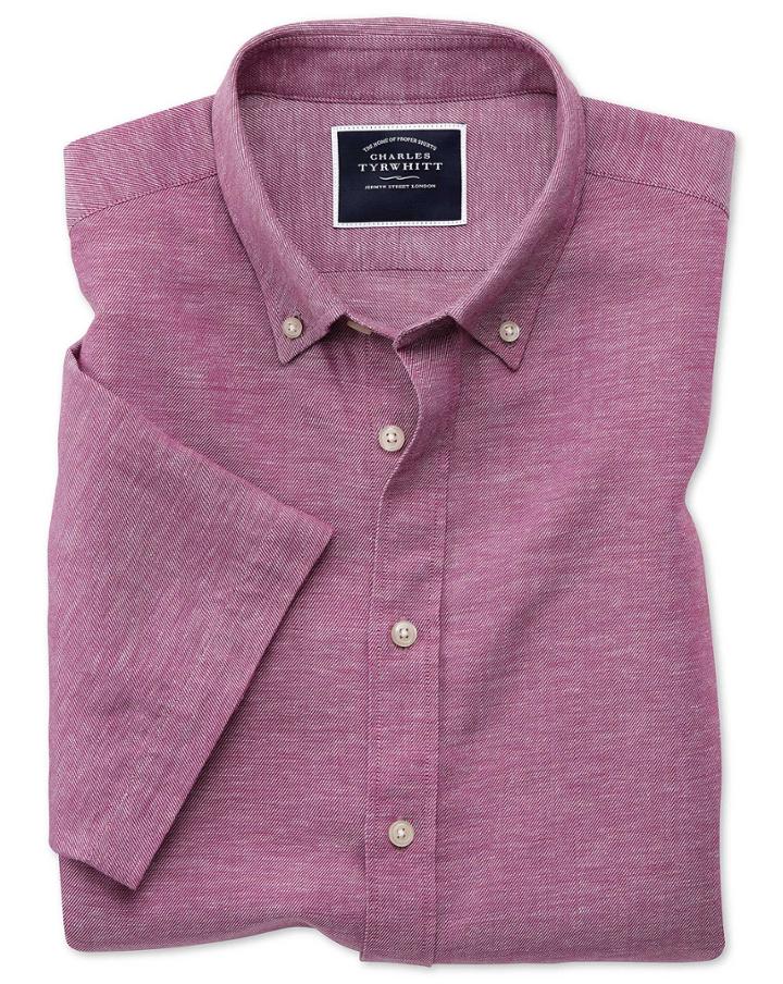  Slim Fit Dark Pink Cotton Linen Twill Short Sleeve Casual Shirt Single Cuff Size Large By Charles Tyrwhitt