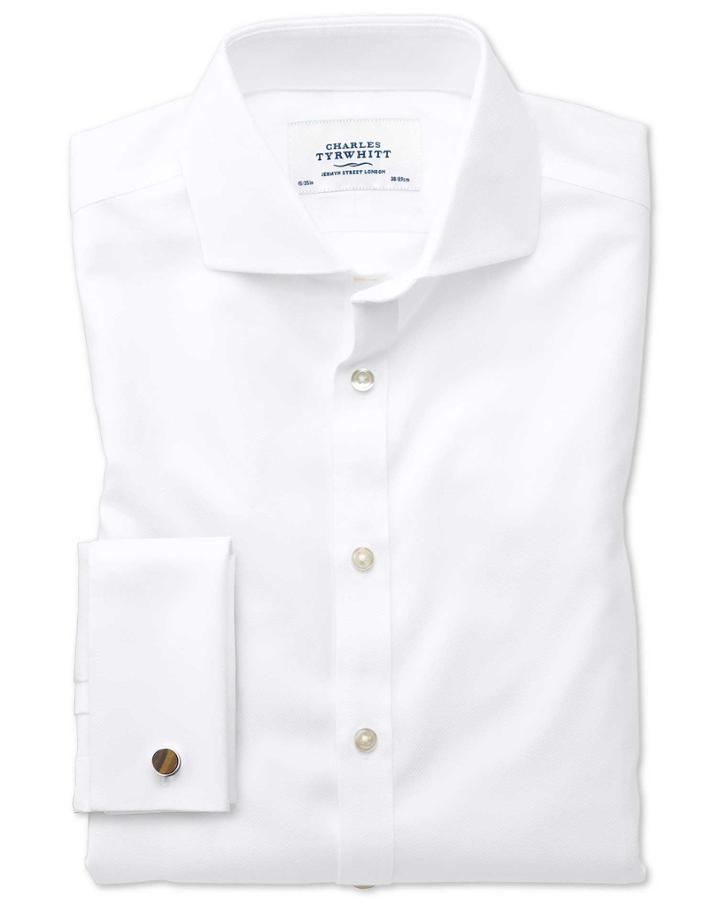 Charles Tyrwhitt Extra Slim Fit Spread Collar Non-iron Herringbone White Cotton Dress Shirt Single Cuff Size 14.5/32 By Charles Tyrwhitt
