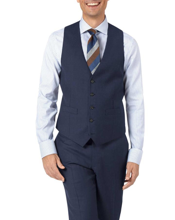  Mid Blue Adjustable Fit Twill Business Suit Wool Waistcoat Size W36 By Charles Tyrwhitt