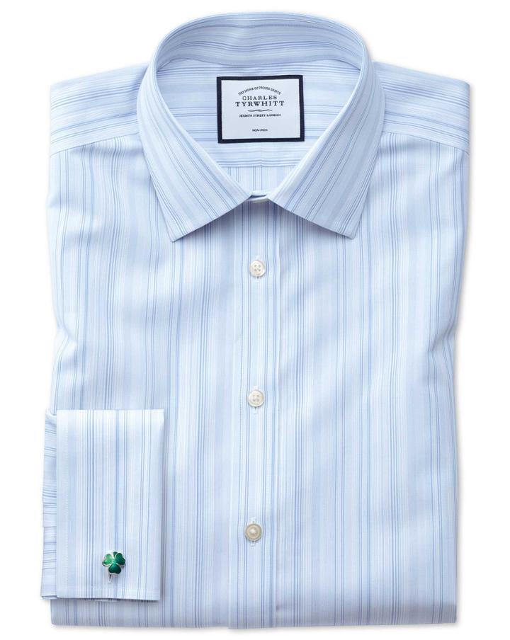  Extra Slim Fit Non-iron Blue Multi Stripe Cotton Dress Shirt French Cuff Size 14.5/32 By Charles Tyrwhitt