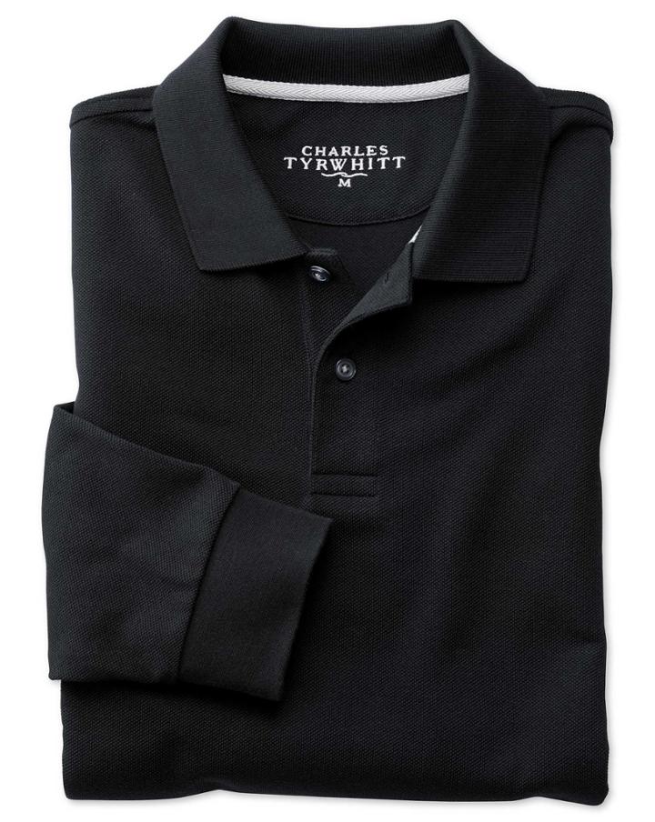 Charles Tyrwhitt Black Pique Long Sleeve Cotton Polo Size Medium By Charles Tyrwhitt