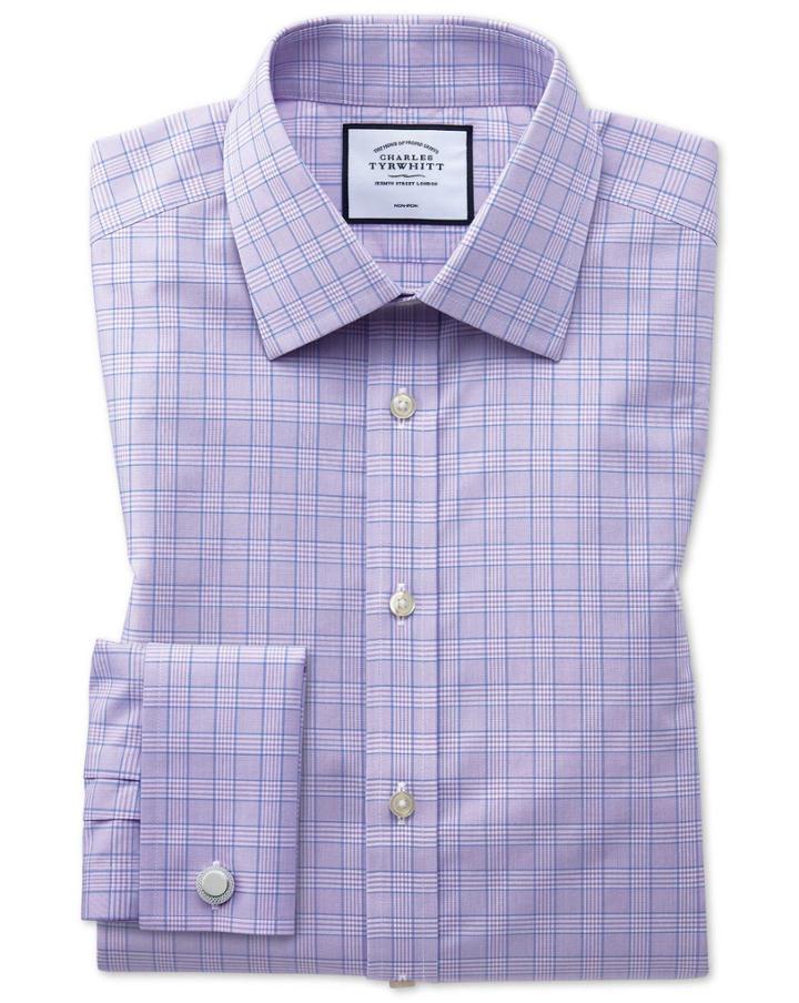  Slim Fit Non-iron Lilac And Blue Prince Of Wales Check Cotton Dress Shirt Single Cuff Size 14.5/32 By Charles Tyrwhitt
