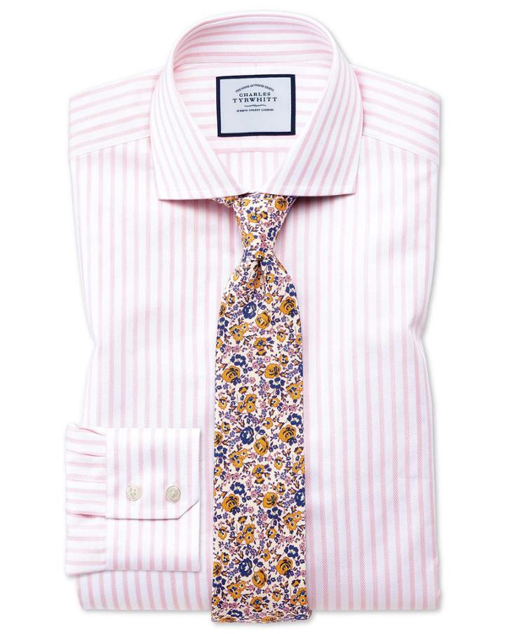 Charles Tyrwhitt Slim Fit Spread Collar Textured Stripe Pink And White Cotton Dress Shirt Single Cuff Size 14.5/33 By Charles Tyrwhitt