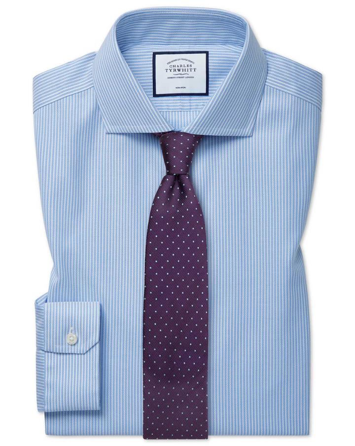  Super Slim Fit Cutaway Collar Non-iron Cotton Stretch Oxford Sky Blue Stripe Dress Shirt Single Cuff Size 14.5/32 By Charles Tyrwhitt