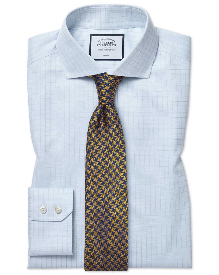  Slim Fit Cutaway Collar Non-iron Soft Twill Blue Check Cotton Dress Shirt Single Cuff Size 14.5/33 By Charles Tyrwhitt