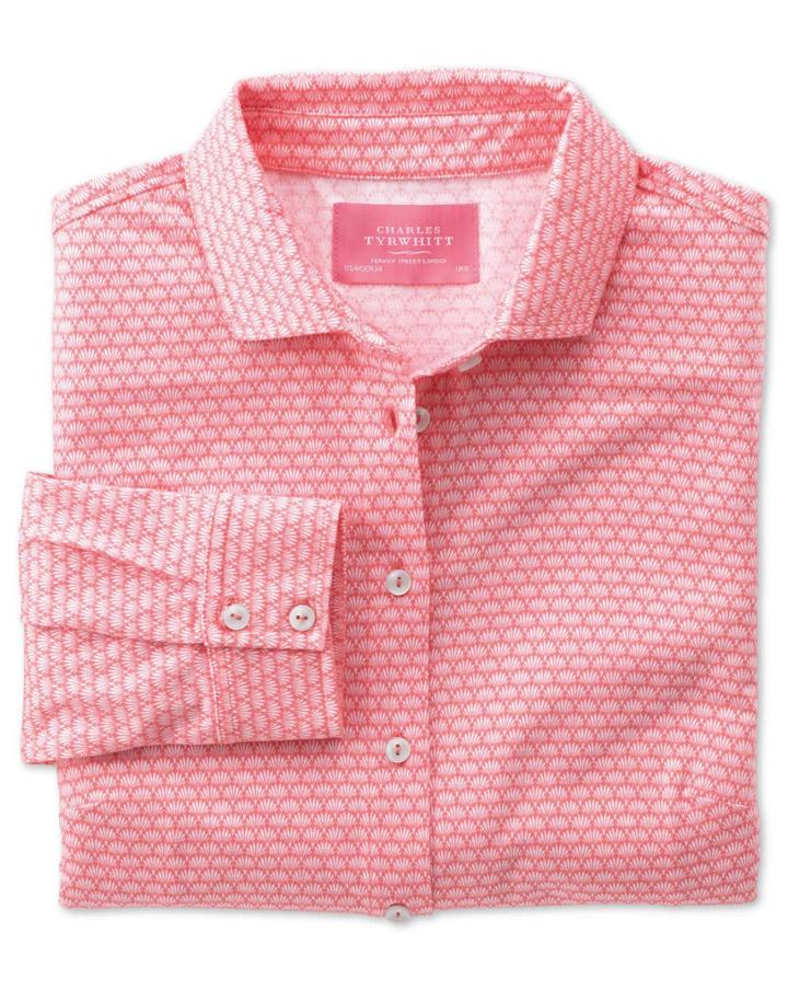 Charles Tyrwhitt Charles Tyrwhitt Women's Coral Shell Printed Jersey Cotton Shirt Size 4