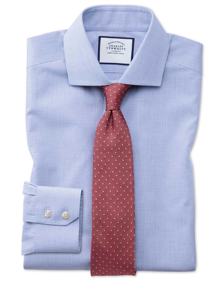  Slim Fit Non-iron Spread Collar Sky Blue Puppytooth Cotton Dress Shirt Single Cuff Size 14.5/33 By Charles Tyrwhitt