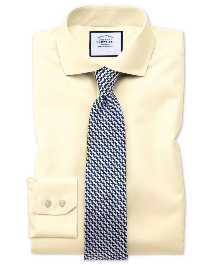  Extra Slim Fit Spread Collar Non-iron Twill Yellow Cotton Dress Shirt French Cuff Size 14.5/33 By Charles Tyrwhitt