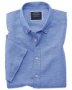  Slim Fit Bright Blue Cotton Linen Twill Short Sleeve Casual Shirt Single Cuff Size Large By Charles Tyrwhitt