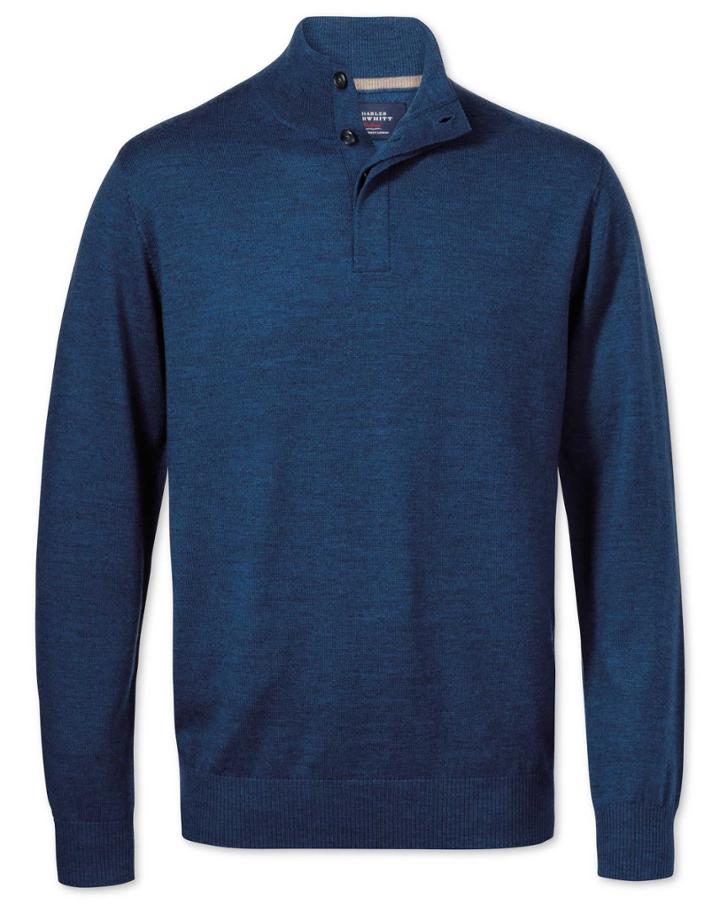 Charles Tyrwhitt Charles Tyrwhitt Mid Blue Merino Wool Button Neck Sweater Size Large