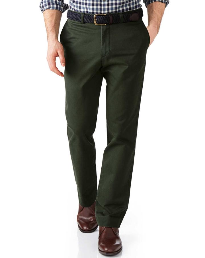  Dark Green Slim Fit Flat Front Washed Cotton Chino Pants Size W30 L30 By Charles Tyrwhitt