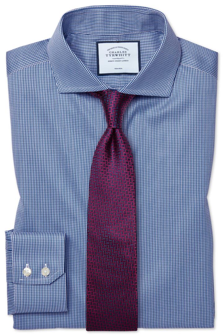  Slim Fit Non-iron Cutaway Royal Blue Puppytooth Cotton Dress Shirt Single Cuff Size 14.5/32 By Charles Tyrwhitt
