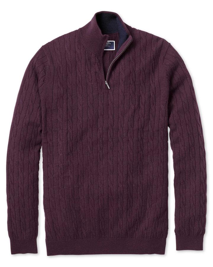  Wine Zip Neck Lambswool Cable Knit Sweater Size Medium By Charles Tyrwhitt