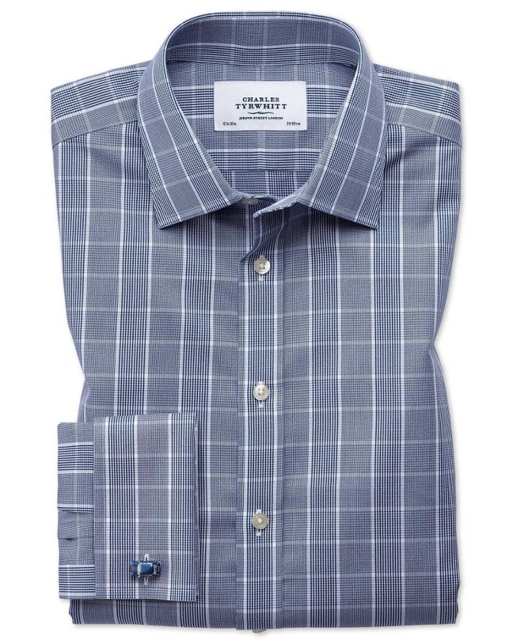 Charles Tyrwhitt Classic Fit Non-iron Prince Of Wales Navy Blue And White Cotton Dress Casual Shirt Single Cuff Size 15/33 By Charles Tyrwhitt
