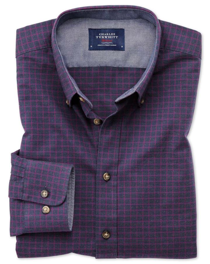 Charles Tyrwhitt Slim Fit Button-down Soft Cotton Navy Blue And Berry Check Casual Shirt Single Cuff Size Large By Charles Tyrwhitt