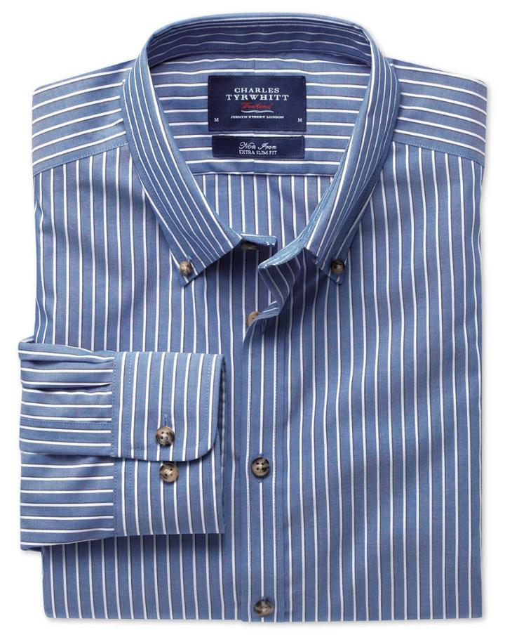 Charles Tyrwhitt Charles Tyrwhitt Extra Slim Fit Non-iron Poplin Blue And White Stripe Cotton Dress Shirt Size Large
