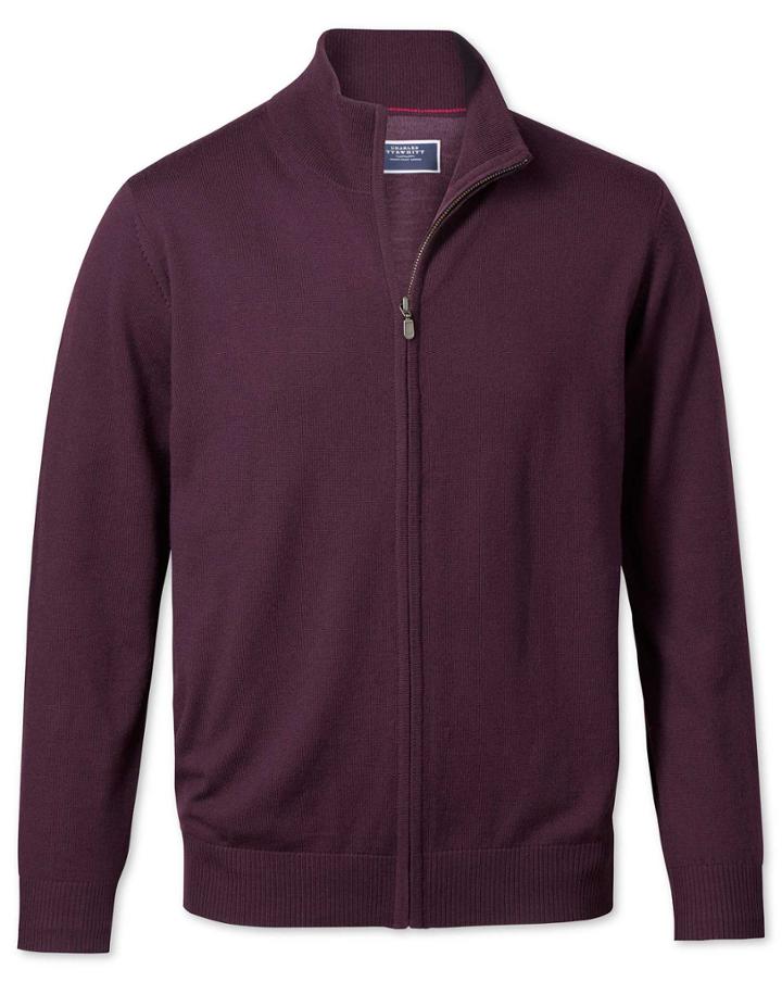  Wine Zip Front Merino Wool Cardigan Size Medium By Charles Tyrwhitt
