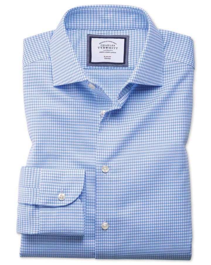 Charles Tyrwhitt Extra Slim Fit Semi-spread Collar Business Casual Non-iron Modern Textures Sky Blue Cotton Dress Shirt Single Cuff Size 14.5/32 By Charles Tyrwhitt