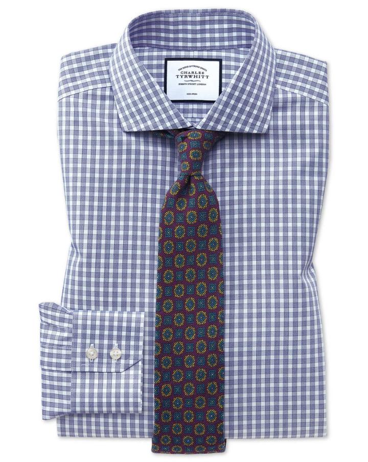  Slim Fit Non-iron Twill Blue Gingham Cotton Dress Shirt French Cuff Size 14.5/33 By Charles Tyrwhitt