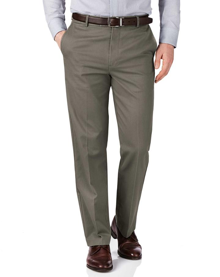 Charles Tyrwhitt Charles Tyrwhitt Olive Green Slim Fit Flat Front Non-iron Cotton Chino Pants Size W30 L30