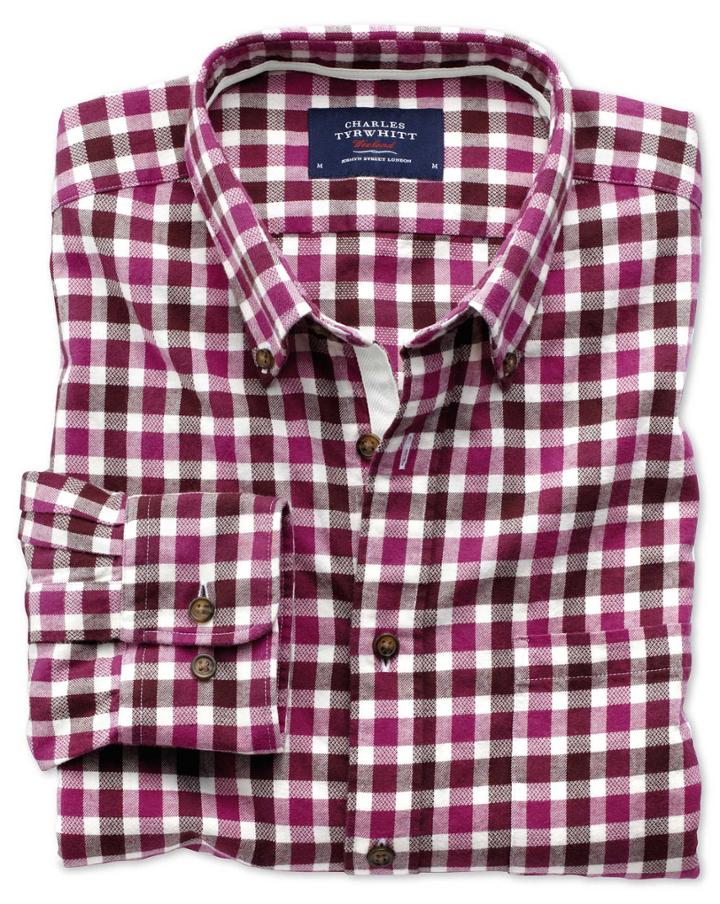 Charles Tyrwhitt Extra Slim Fit Berry Check Brushed Dobby Cotton Casual Shirt Single Cuff Size Large By Charles Tyrwhitt
