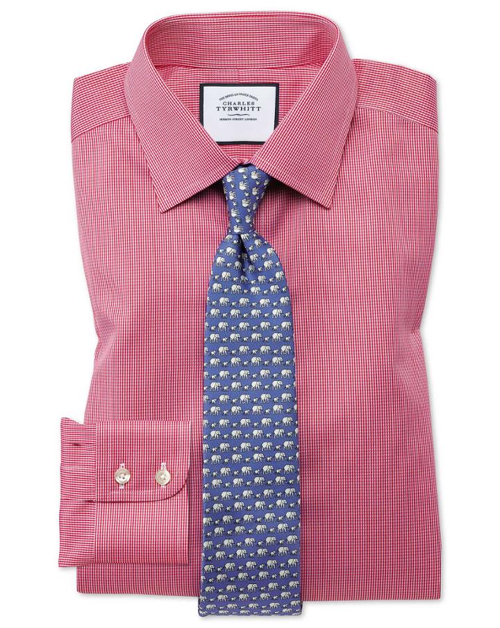 Charles Tyrwhitt Classic Fit Non-iron Puppytooth Bright Pink Cotton Dress Shirt Single Cuff Size 15.5/33 By Charles Tyrwhitt