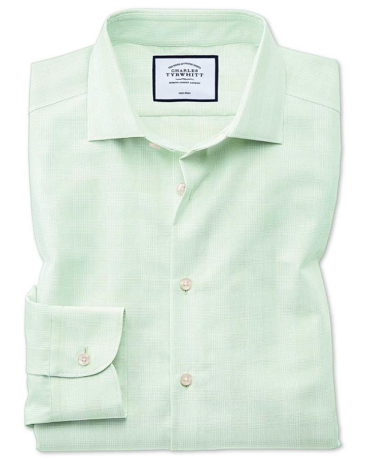  Slim Fit Business Casual Non-iron Green Check Cotton Dress Shirt Single Cuff Size 14.5/32 By Charles Tyrwhitt