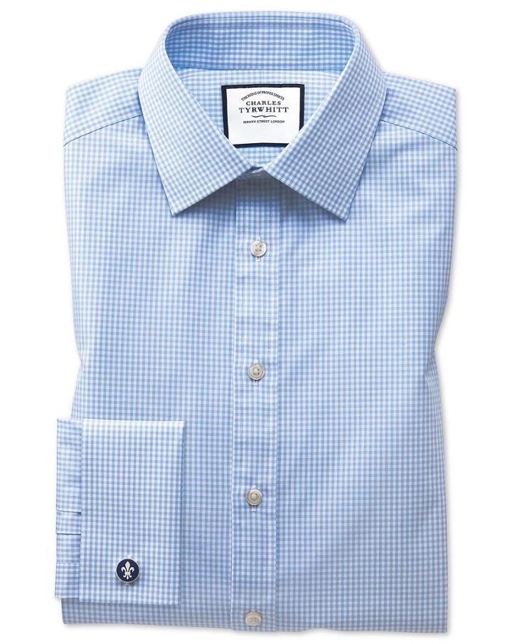  Classic Fit Small Gingham Sky Blue Cotton Dress Shirt Single Cuff Size 15/35 By Charles Tyrwhitt