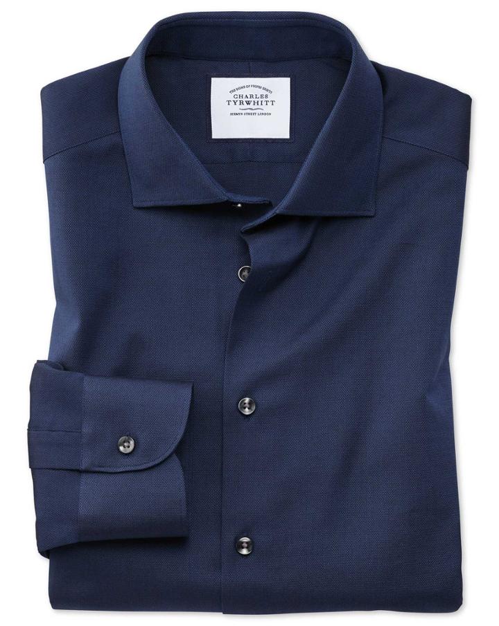  Extra Slim Fit Business Casual Navy Royal Oxford Cotton Dress Shirt Single Cuff Size 14.5/32 By Charles Tyrwhitt