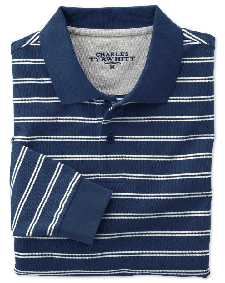 Charles Tyrwhitt Charles Tyrwhitt Classic Fit Blue And White Striped Pique Long Sleeve Cotton Polo Size Large