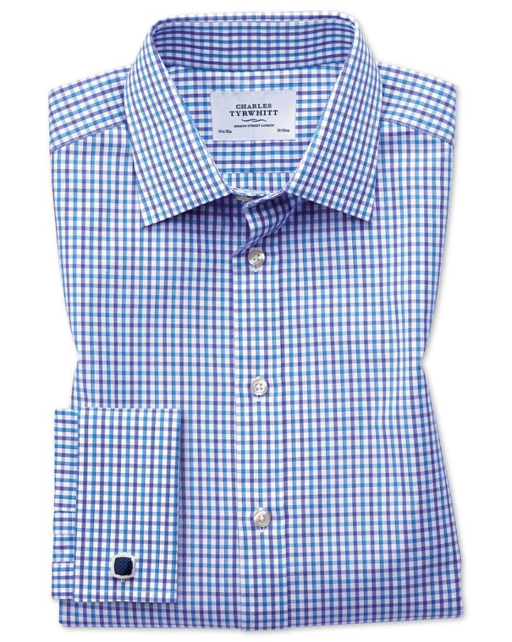 Charles Tyrwhitt Slim Fit Two Color Check Blue Cotton Dress Shirt French Cuff Size 16/34 By Charles Tyrwhitt