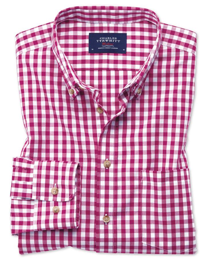 Charles Tyrwhitt Classic Fit Non-iron Poplin Red Gingham Cotton Casual Shirt Single Cuff Size Large By Charles Tyrwhitt