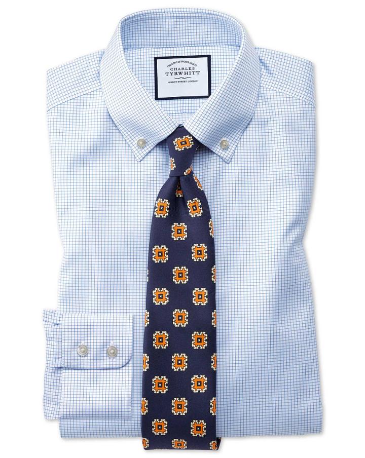 Charles Tyrwhitt Classic Fit Button-down Non-iron Twill Mini Grid Check Sky Blue Cotton Dress Shirt Single Cuff Size 15/34 By Charles Tyrwhitt